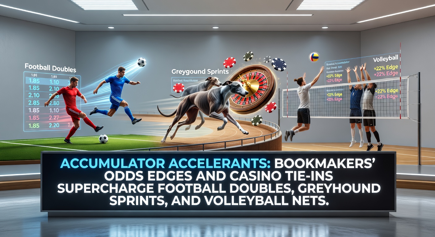 Dynamic scene of a football match, greyhound race start, and volleyball spike, overlaid with bookmaker odds boosts and casino bonus icons