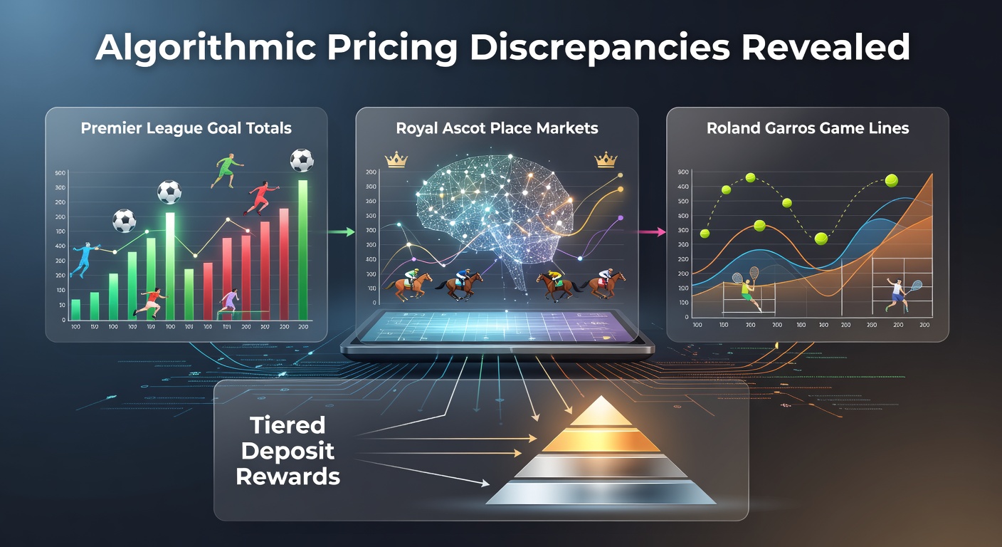 Data visualization showing algorithmic pricing variations across Premier League goal totals, Royal Ascot place markets, and Roland Garros game lines alongside tiered deposit reward structures