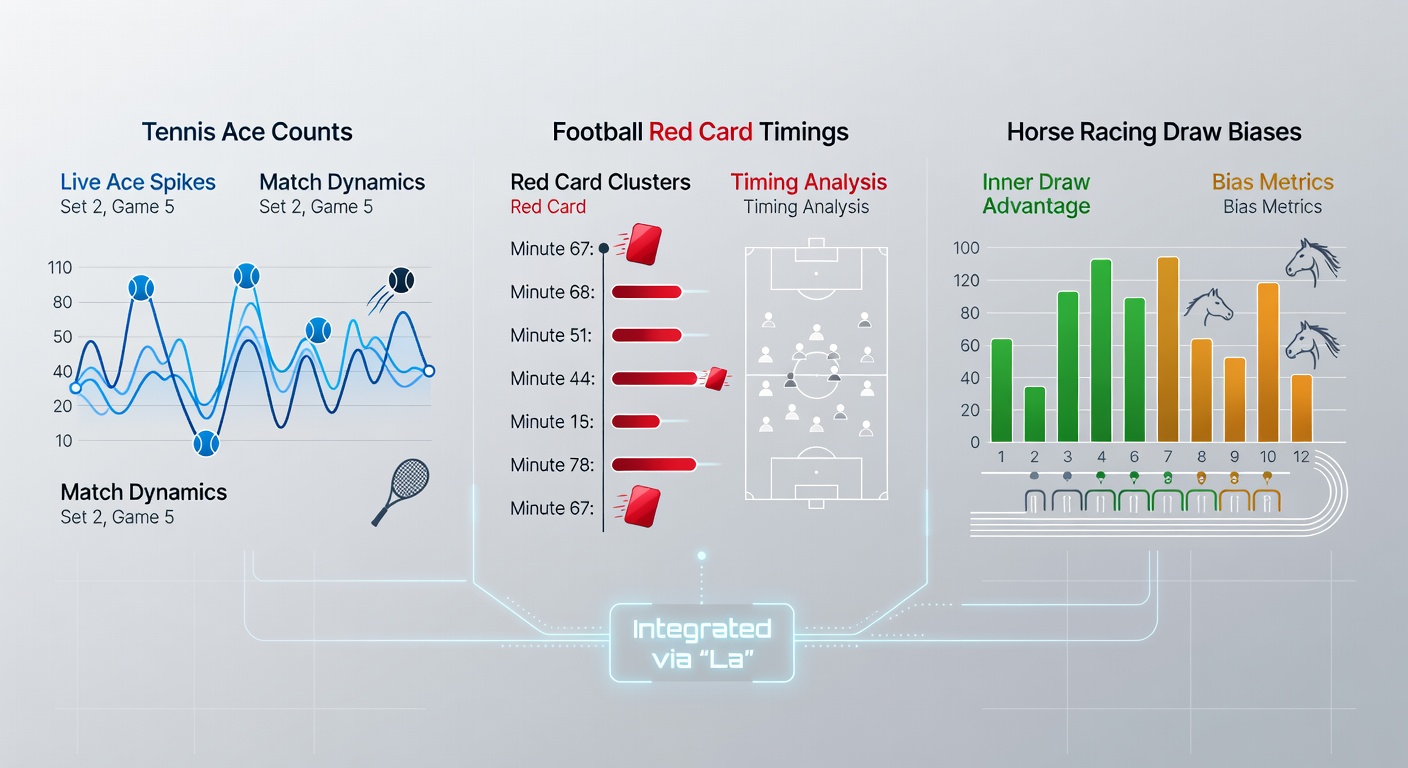 Football match action showing a red card incident with timing graphics alongside horse racing starting stalls displaying draw bias statistics