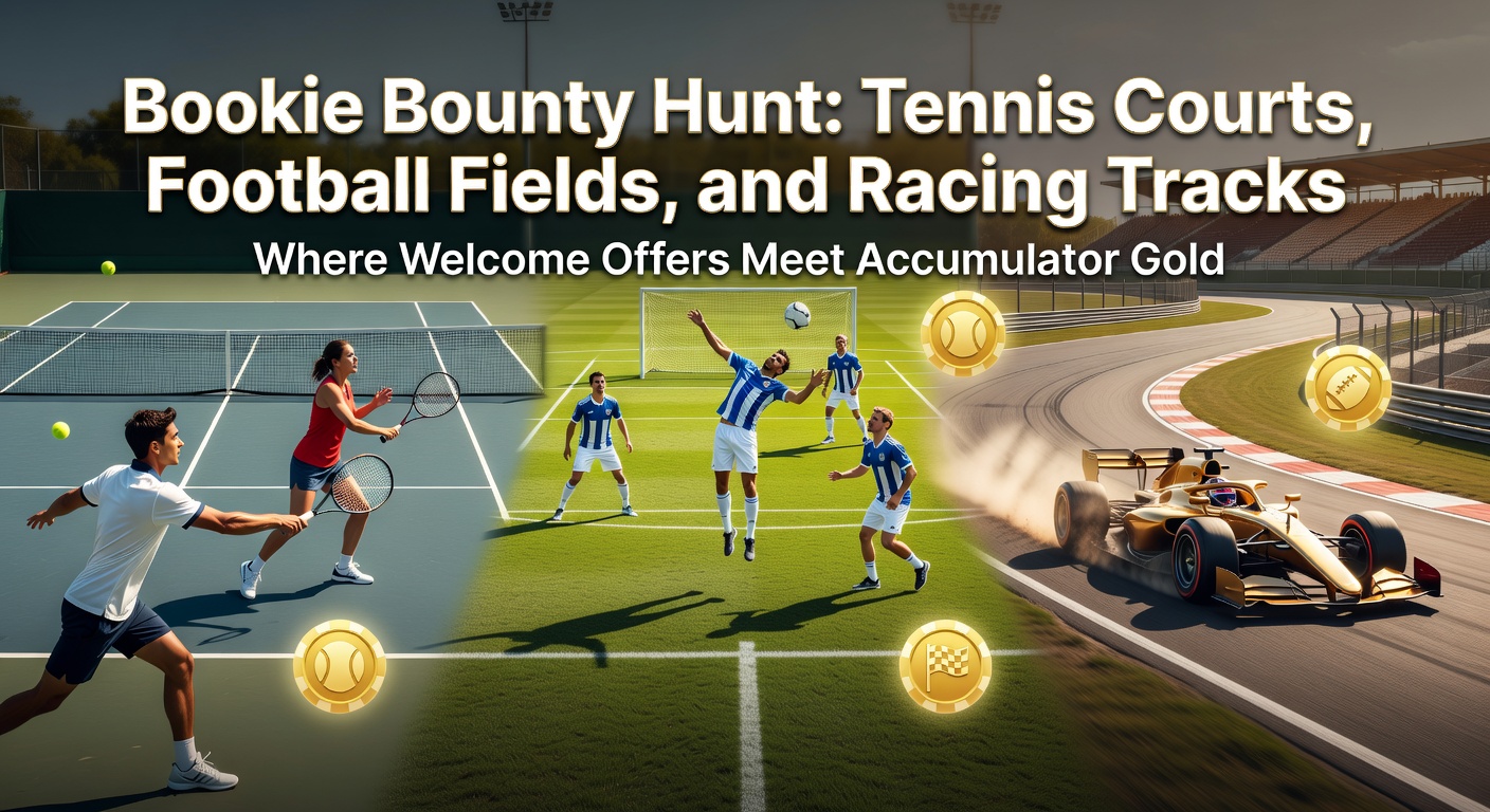 Vibrant scene of a tennis court merging into a football field and a horse racing track, overlaid with golden accumulator symbols and welcome bonus icons, capturing the thrill of cross-sport betting hunts