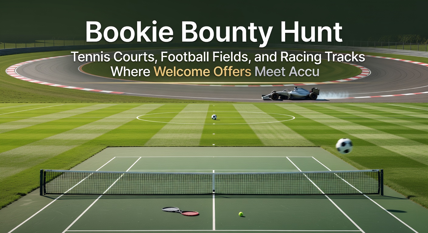 Dynamic collage of football players on a pitch, tennis racket action, and horses charging down a track, highlighted by stacks of golden coins representing accumulator wins from welcome offers