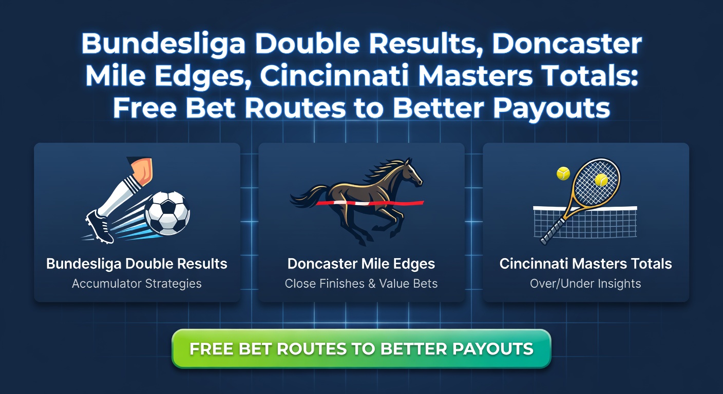 Bundesliga match action with overlaid betting odds for double results, alongside Doncaster Mile horses charging down the straight and Cincinnati Masters tennis rally