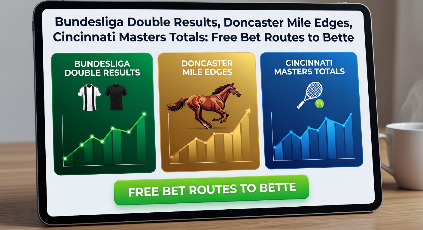 Close-up of Doncaster Mile finish with jockeys urging horses, overlaid with Cincinnati Masters scoreboard showing total games tally and Bundesliga double result coupon