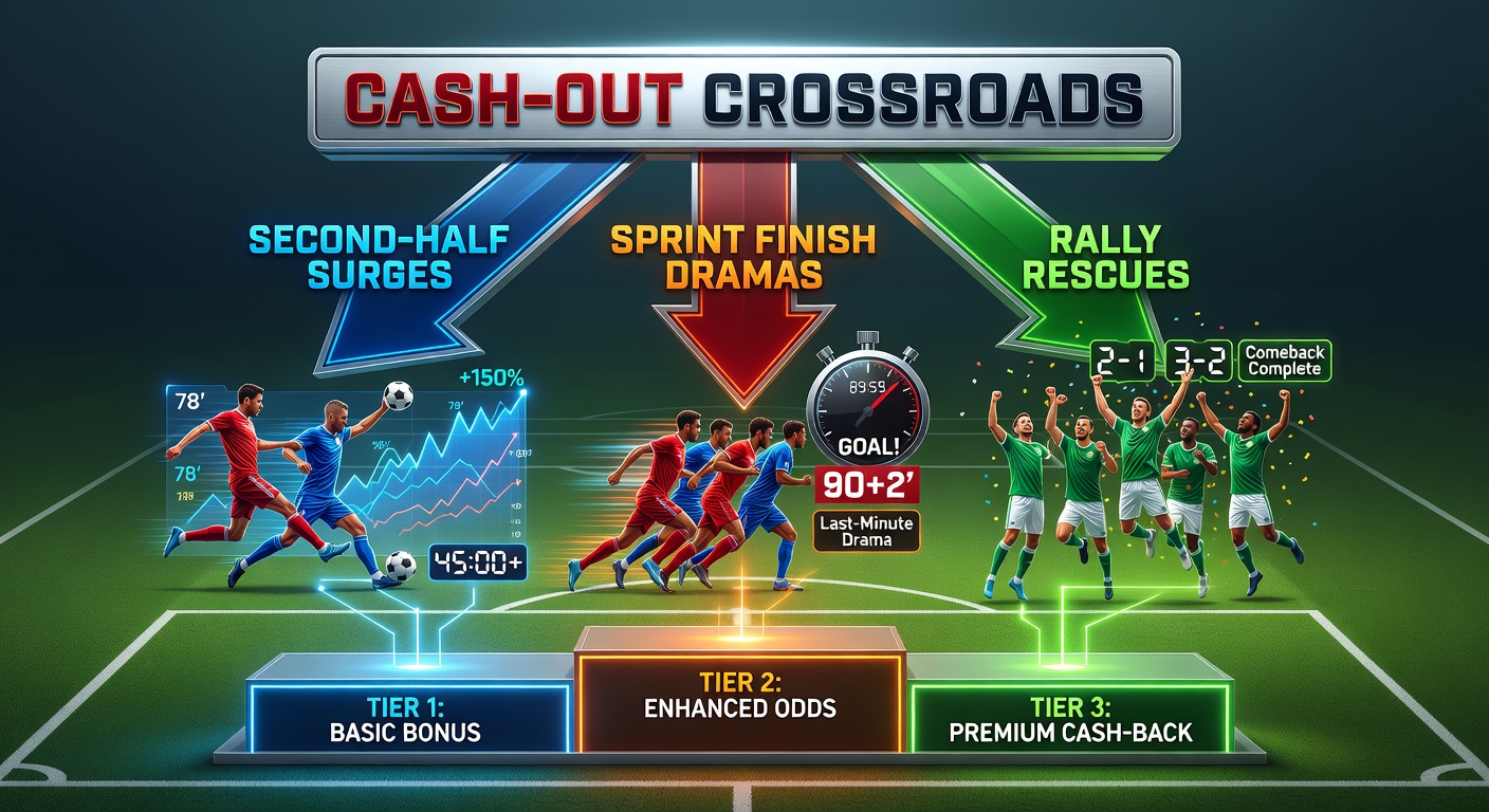 Soccer players charging in a tense second-half surge, with overlaid bookmaker cash-out interfaces showing varying values during a horse racing sprint finish and tennis rally