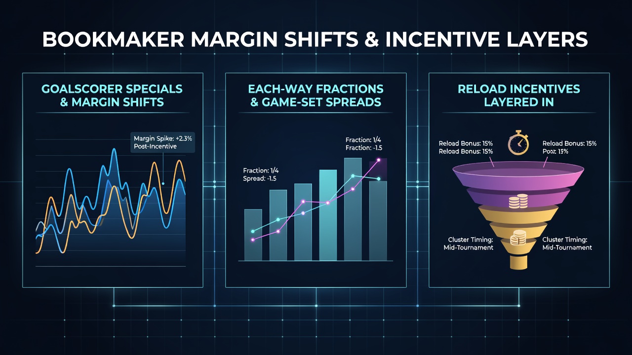 Bookmaker margin analysis charts showing goalscorer specials and each-way betting data during tournament periods