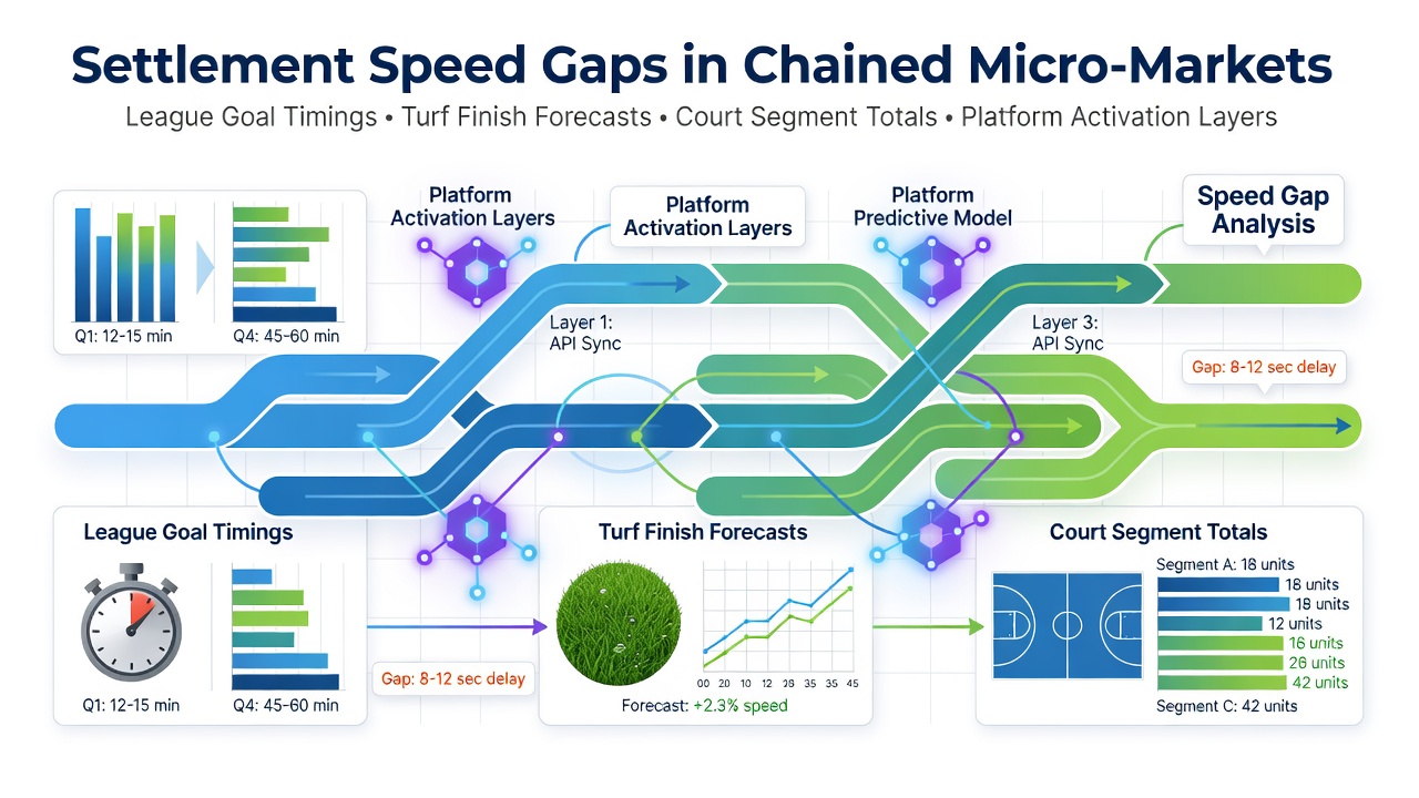 Chart displaying settlement speed variations across chained micro-markets in soccer goal timings, horse racing finishes, and tennis segments
