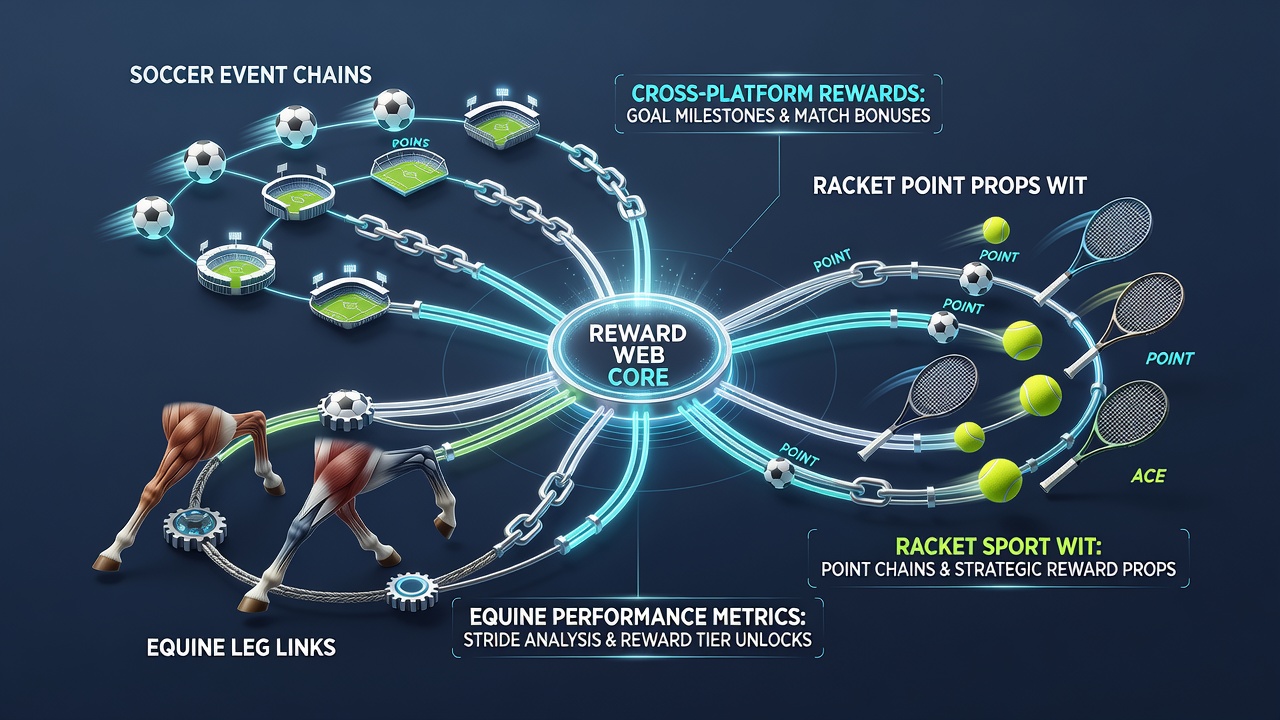 Diagram showing reward progression from soccer and horse racing into tennis props and casino bonuses