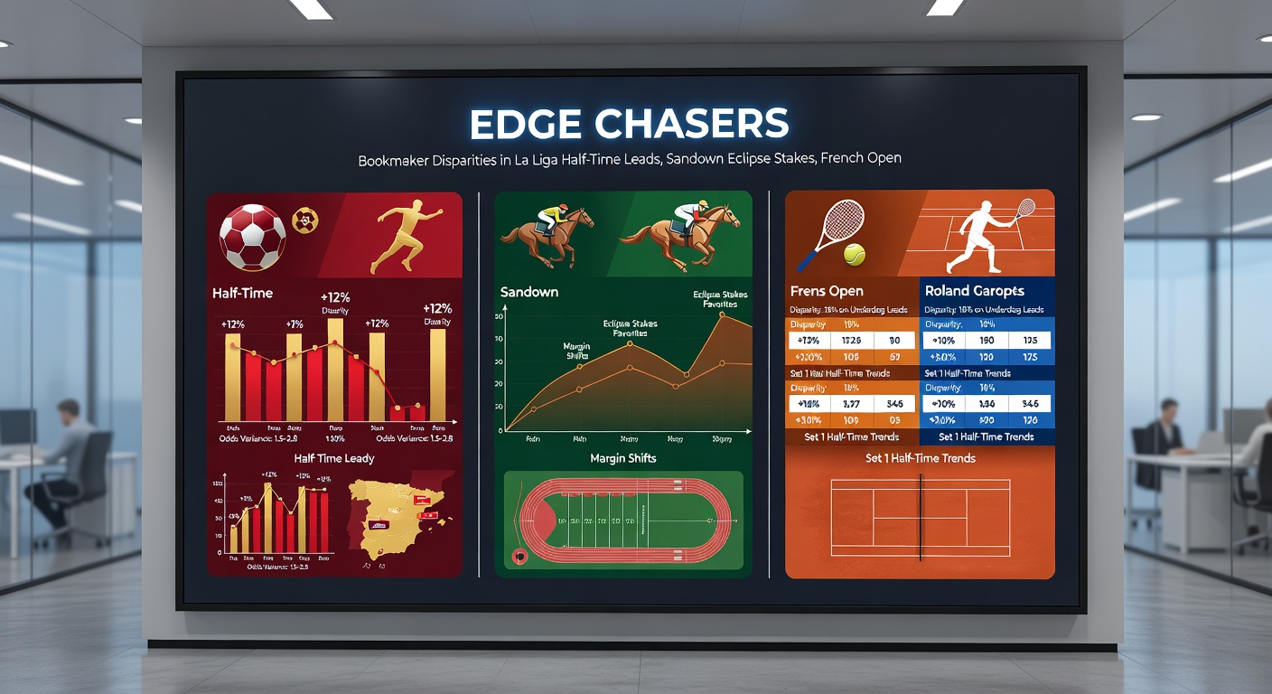 Close-up of Sandown racecourse during Eclipse Stakes, overlaid with odds comparison table for top contenders showing bookmaker spreads
