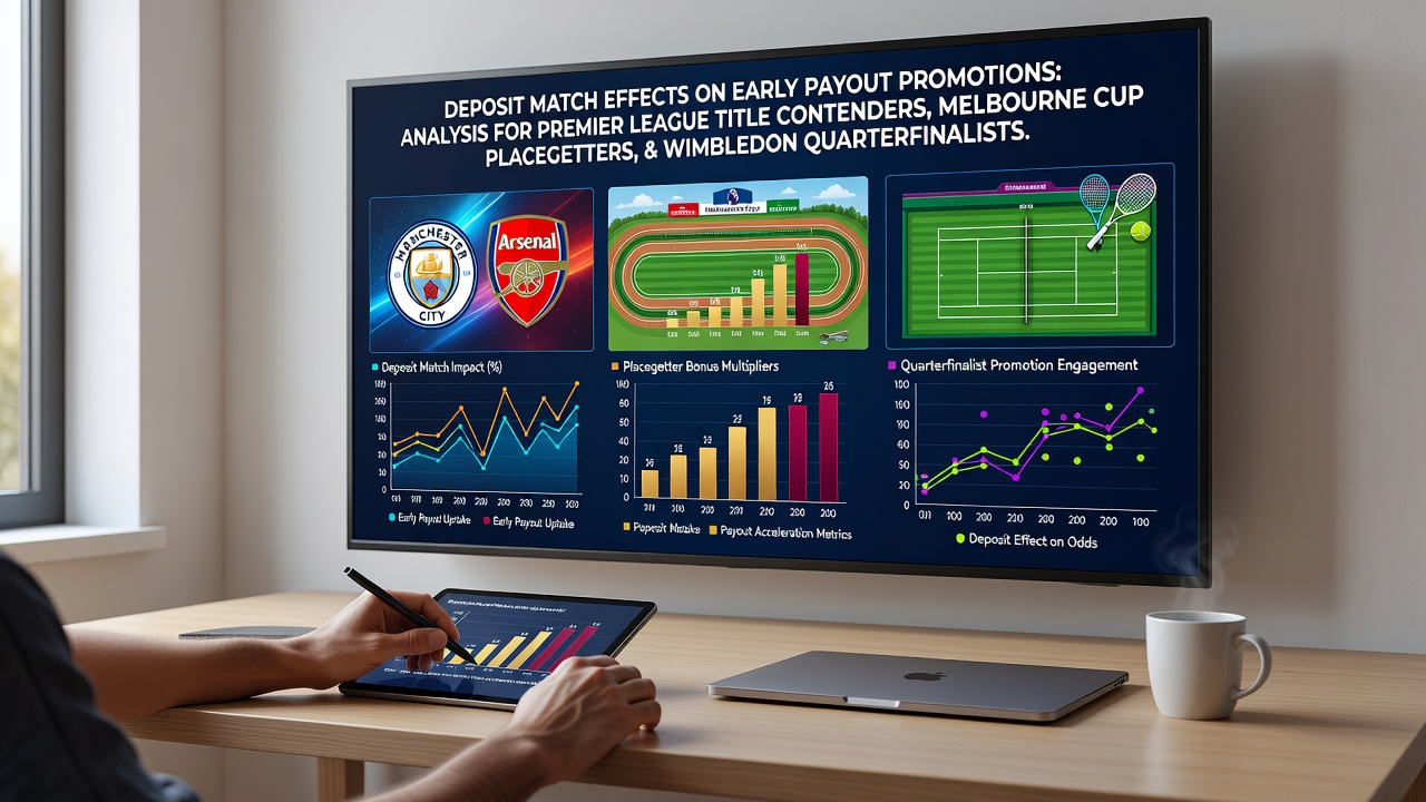 Bookmaker interface showing deposit match bonus applied to early payout options for football, racing, and tennis markets