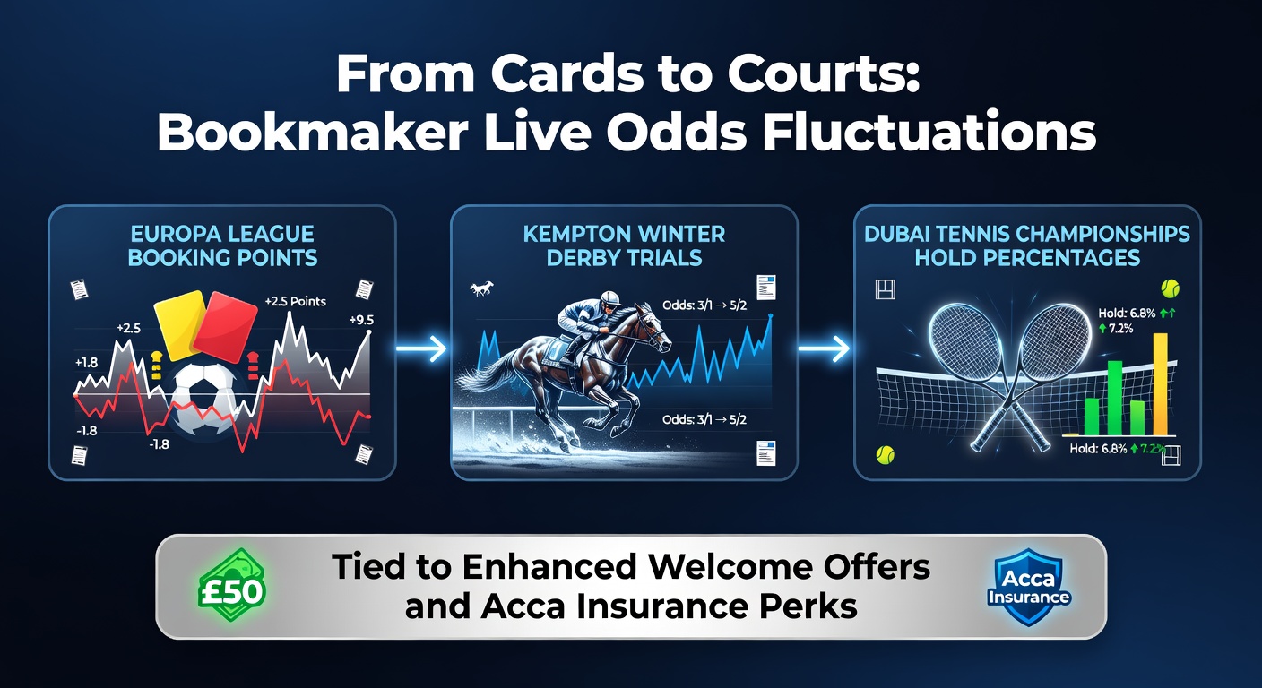 Live betting interface displaying fluctuating odds for Europa League cards, Kempton horse races, and Dubai tennis holds amid promotional banners