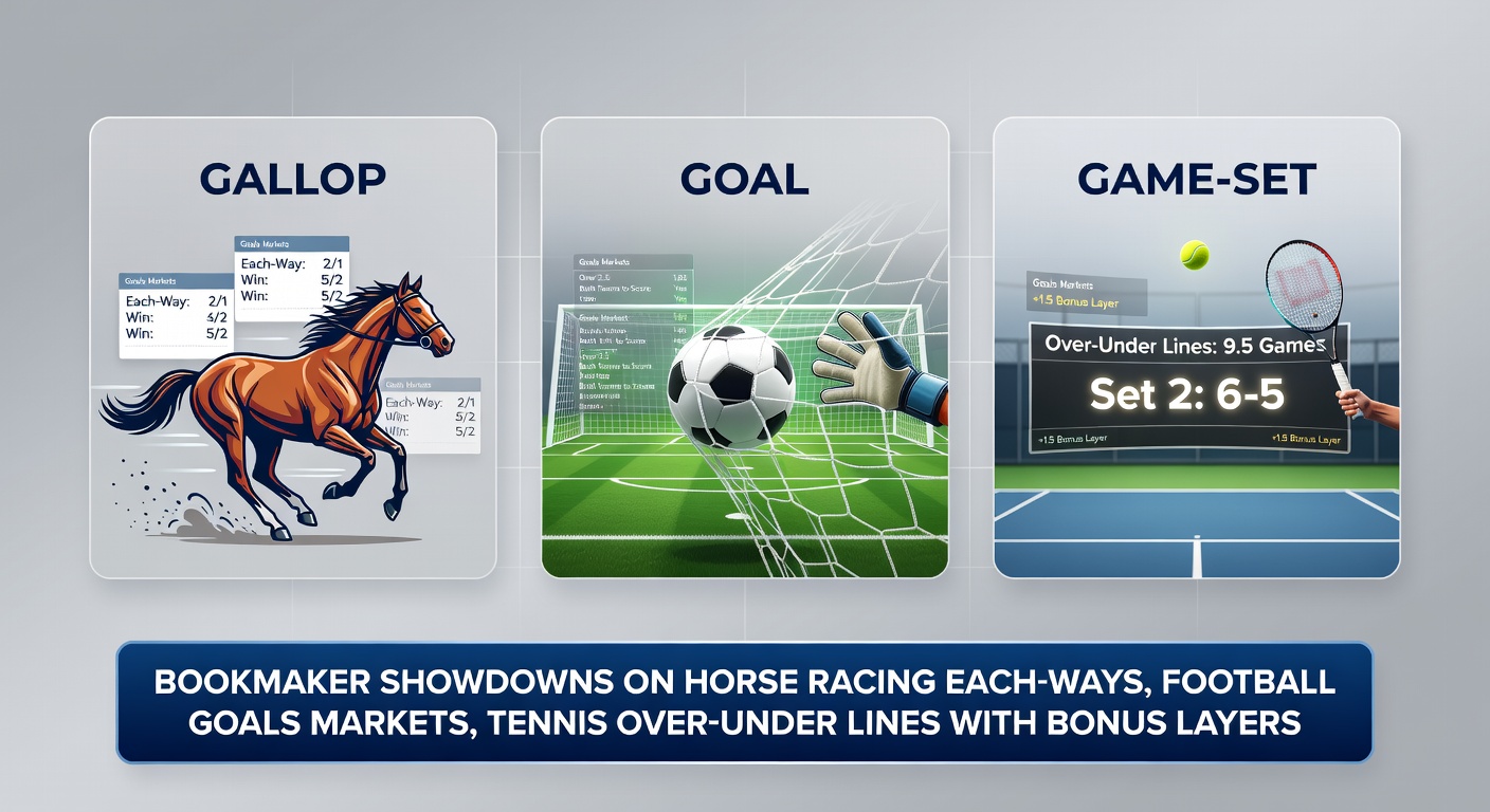 Horse racing track with jockeys in action, overlaid with football pitch and tennis court graphics highlighting betting markets
