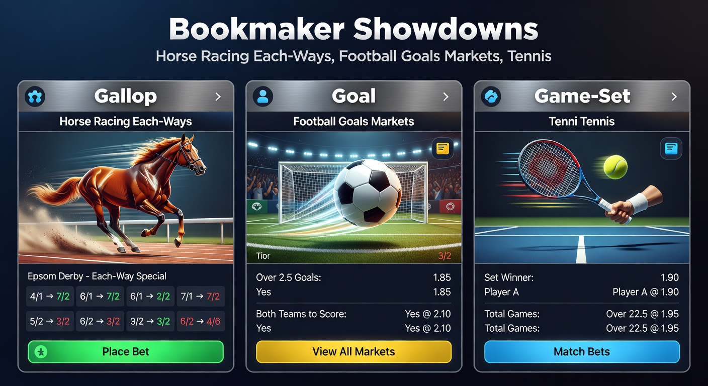 Dynamic split image showing a football goal celebration, tennis over-under line graphic, and horse racing each-way payout table