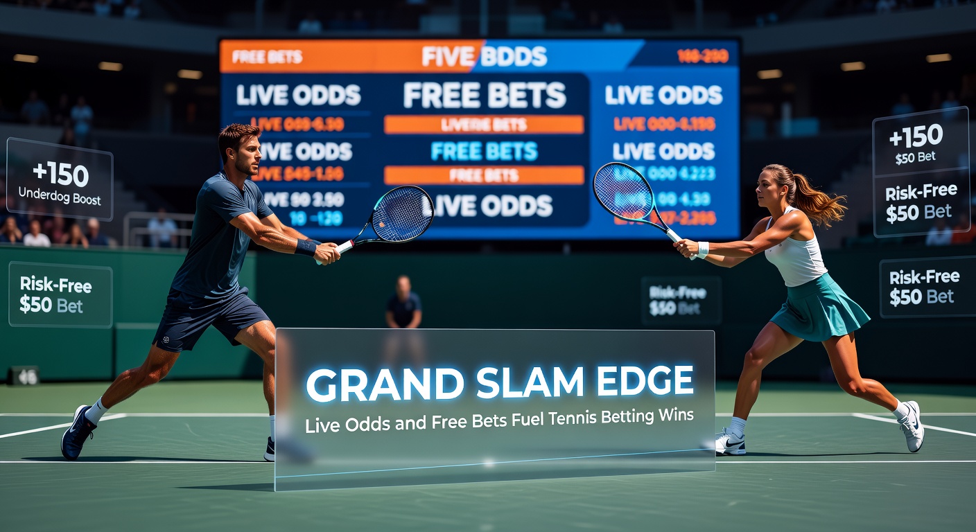 Tennis players competing intensely on a Grand Slam court with live odds overlay, highlighting dynamic betting action