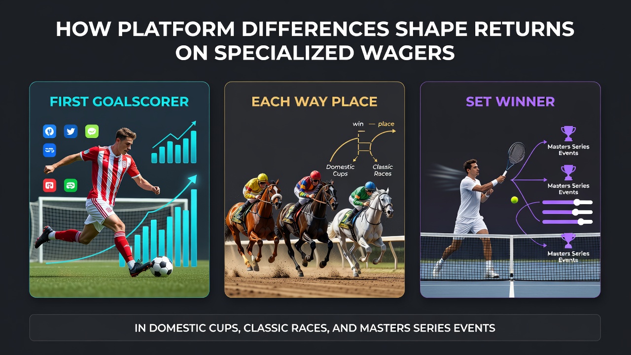 Comparison of betting platform interfaces showing odds for first goalscorer, each way place, and set winner markets across football, horse racing, and tennis events