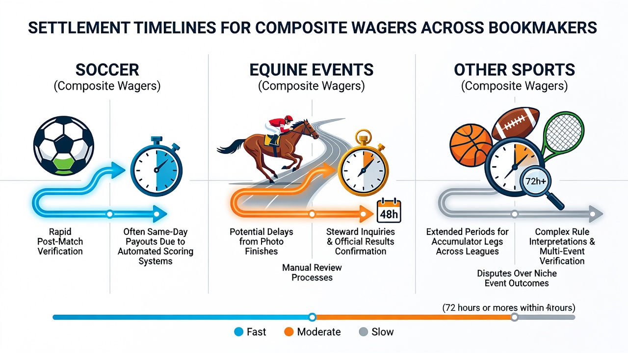 Comparison chart showing settlement timeframes for soccer, horse racing, and tennis composite bets
