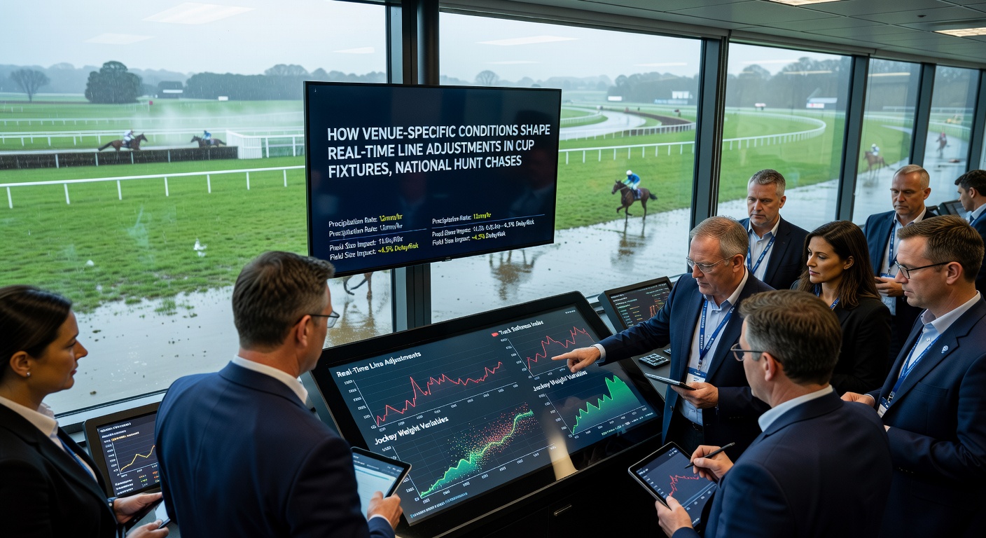 Close-up of a horse racing track with live odds boards showing adjustments due to ground conditions