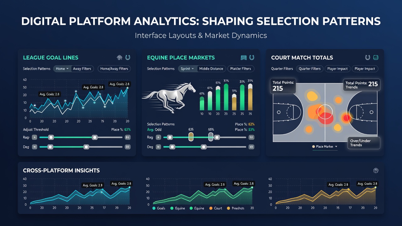 Digital betting platform interface showing league goal line options alongside equine place market filters and tennis match total selections
