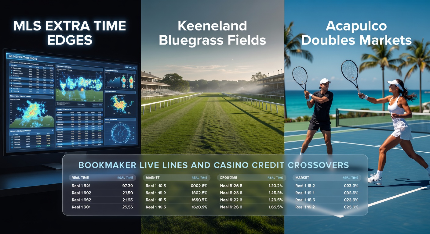 Dynamic live betting lines overlay on MLS extra time action, Keeneland racetrack fields, and Acapulco tennis doubles court