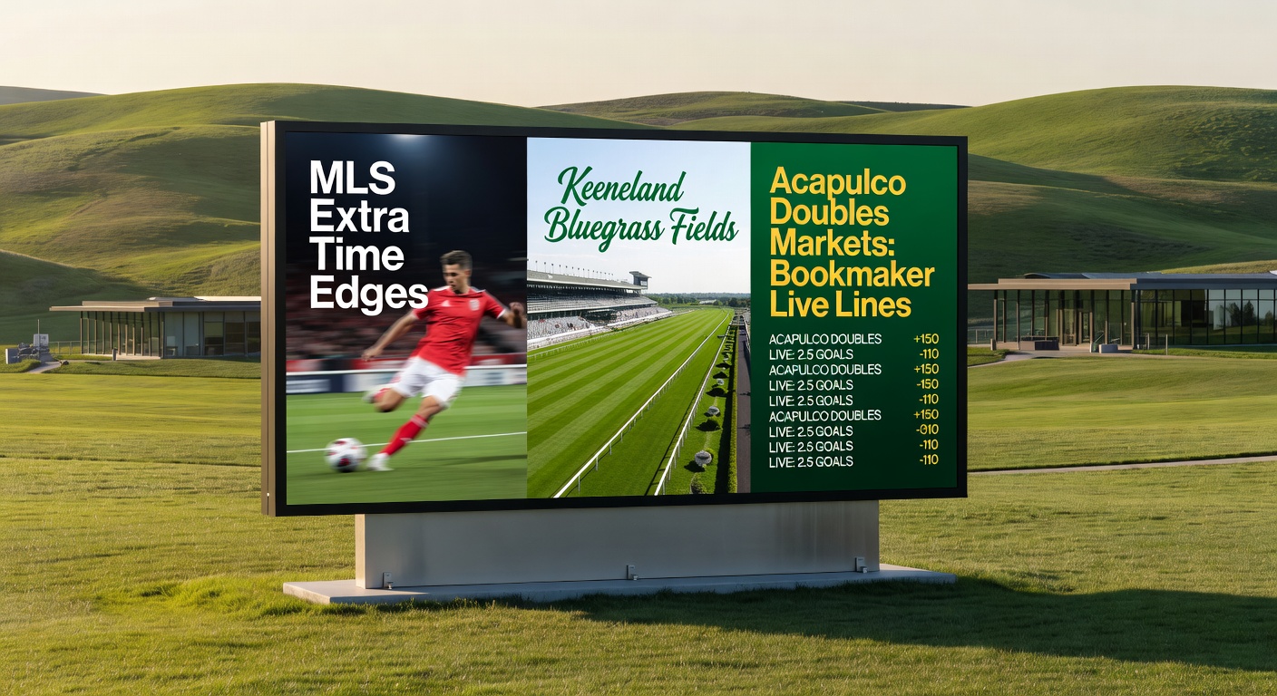 Close-up of Keeneland Bluegrass Stakes horses charging down the stretch amid fluctuating bookmaker live odds displays