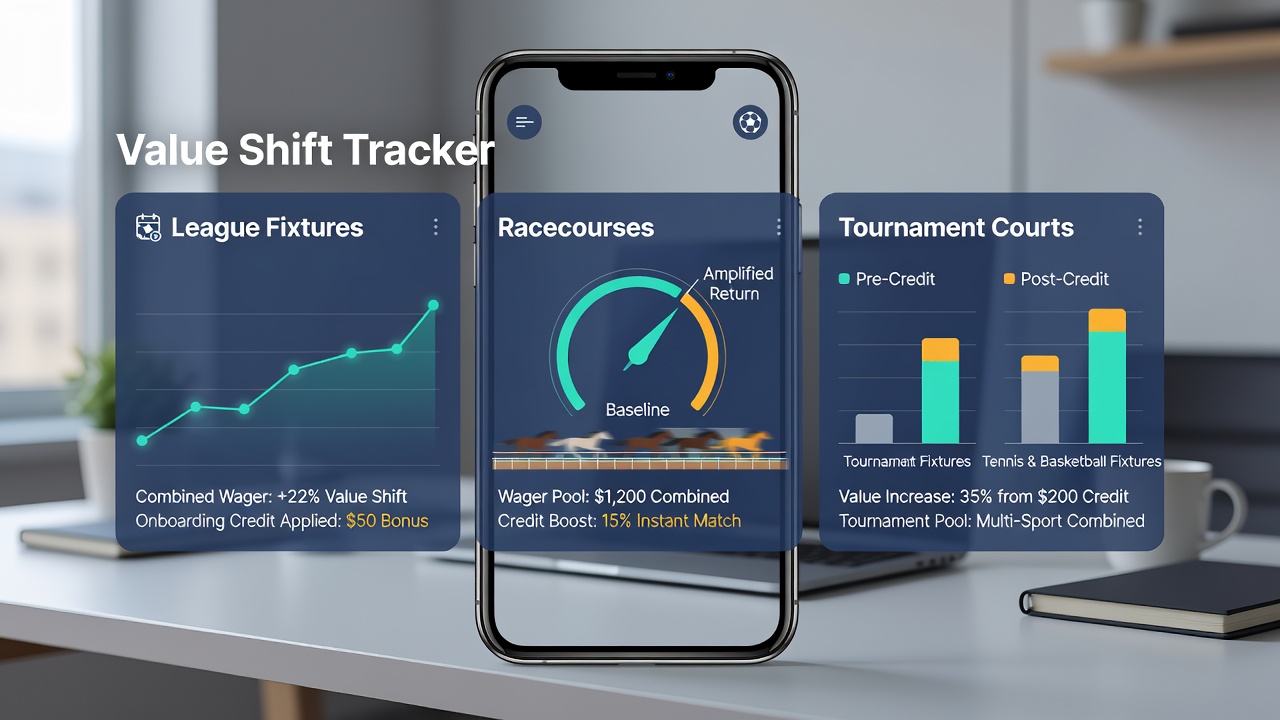 Mobile betting app interface displaying combined wager options across football leagues, horse racing tracks, and tennis tournaments with highlighted onboarding credit values
