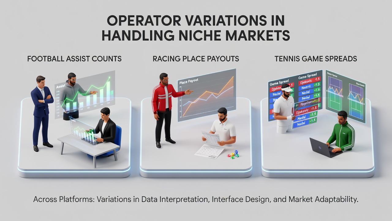 Comparison of betting operators displaying niche market options for football assists, racing places, and tennis spreads on multiple platforms