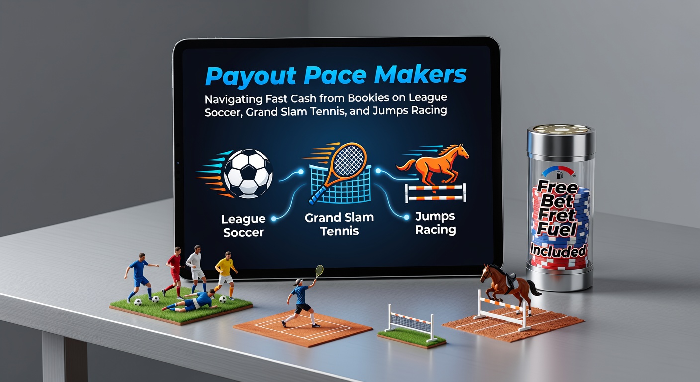Bookmaker screens showing quick payout options during a live soccer match, tennis rally, and jumps race finish line