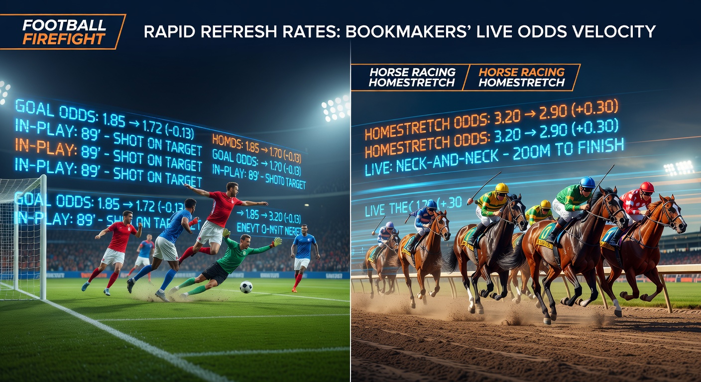 Horse racing homestretch action with overlaid live odds fluctuating rapidly on a bookmaker app