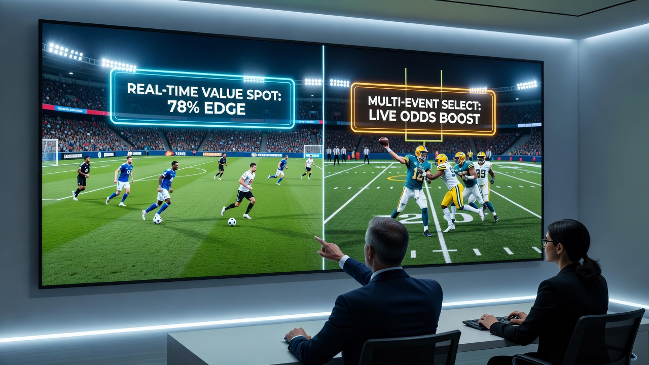 Multi-event selection screen showing promotional overlay data for simultaneous football, racing and tennis markets