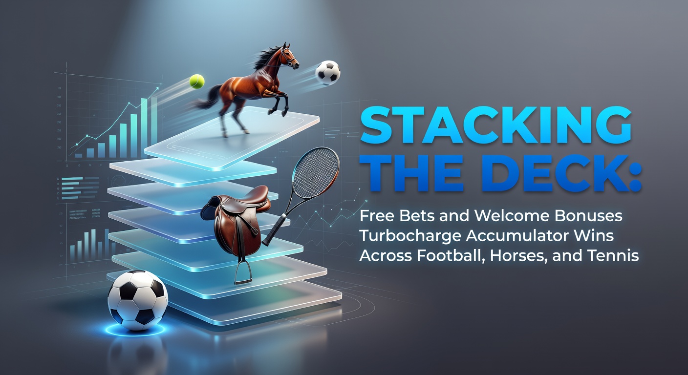 Vibrant graphic showing stacked betting slips for football matches, horse races, and tennis courts, overlaid with free bet tokens and bonus multipliers