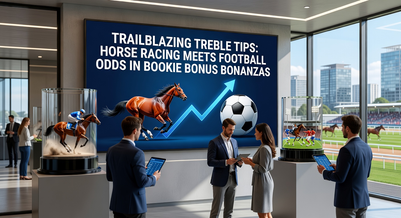 Vibrant scene of a horse race intersecting with a football stadium, symbolizing combined betting trebles and bookmaker promotions