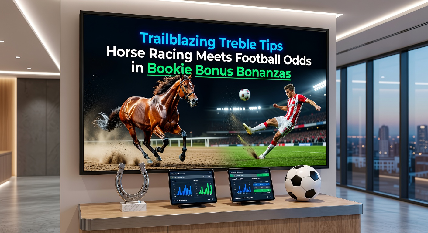 Dynamic graphic of treble bet payout exploding with horse and football icons amid bonus multipliers from bookmakers