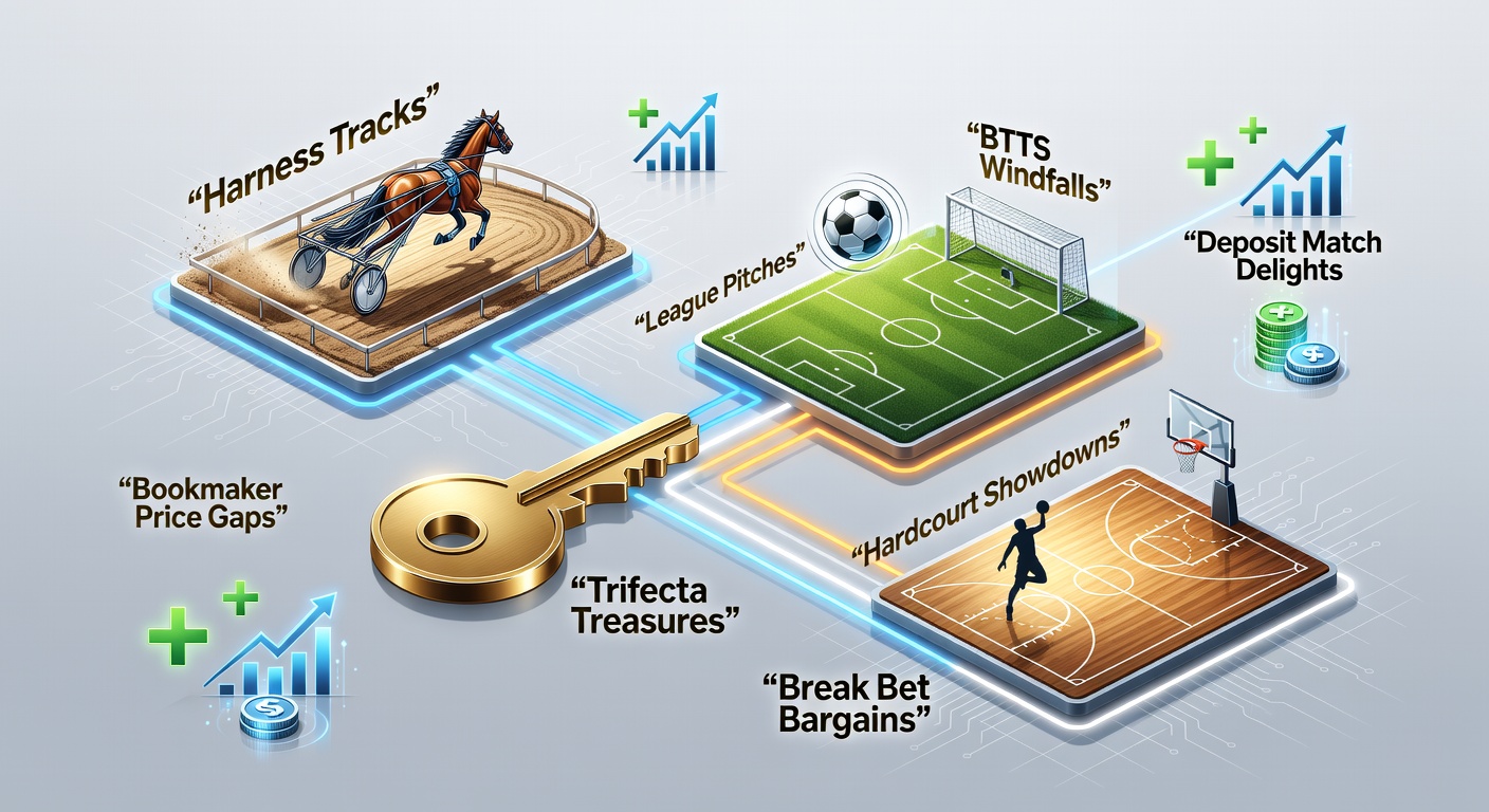 Vibrant graphic showing trifecta payouts in harness racing alongside BTTS goals in football and tennis break points on hardcourts, highlighting bookmaker odds variations